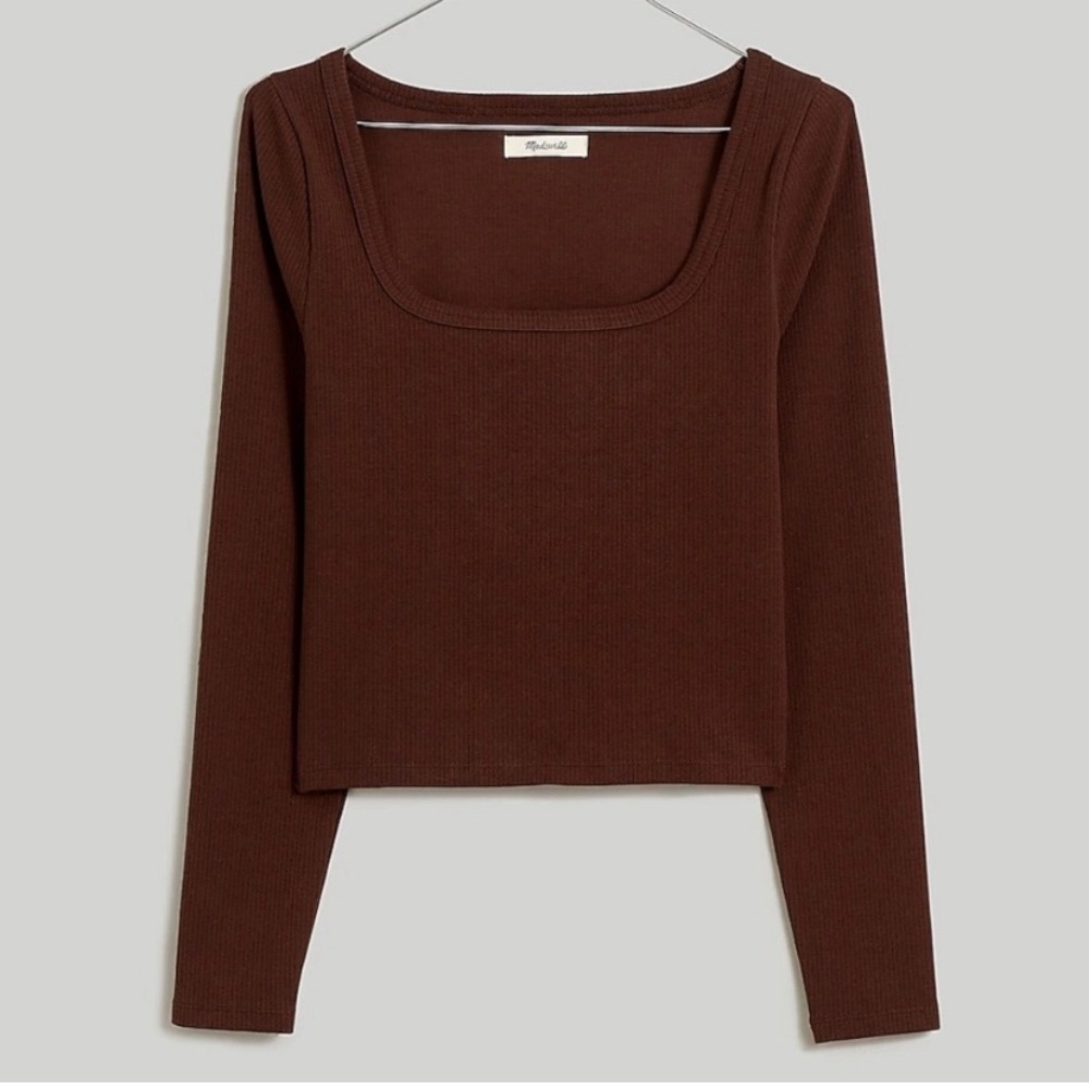 Madewell Square-Neck Long-Sleeve Crop Tee in Sleekhold dark coffee